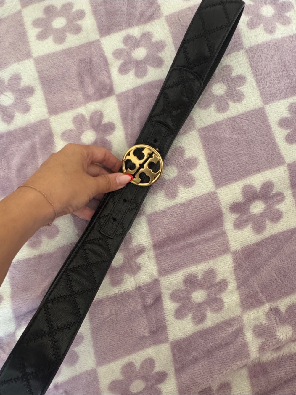 Tory Burch Black Quilted Leather Belt with Gold Logo Buckle